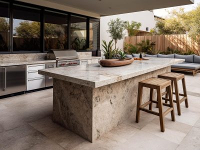 outdoor patio entertainment area with a built - in barbecue and a bar setup. generative AI